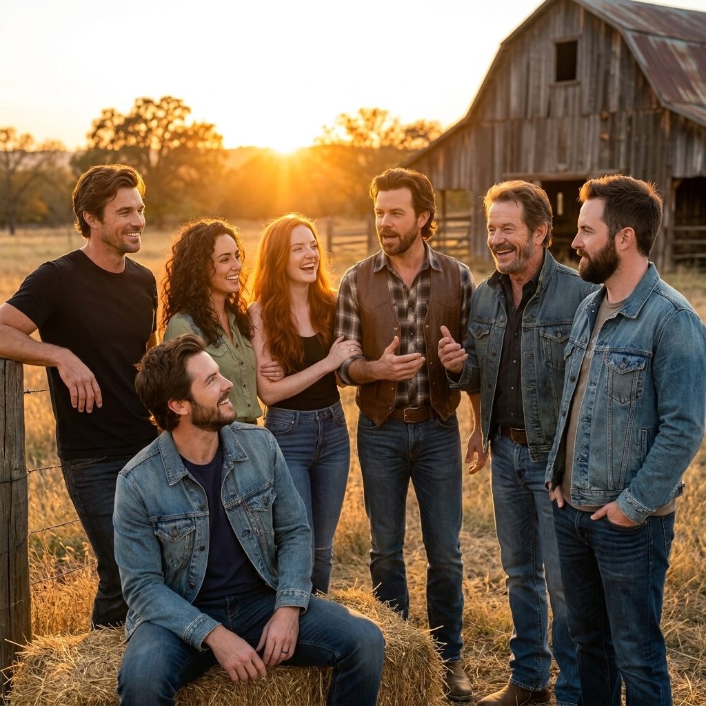 Cody Hawthorne & The Wildflowers together in front of a barn at golden hour