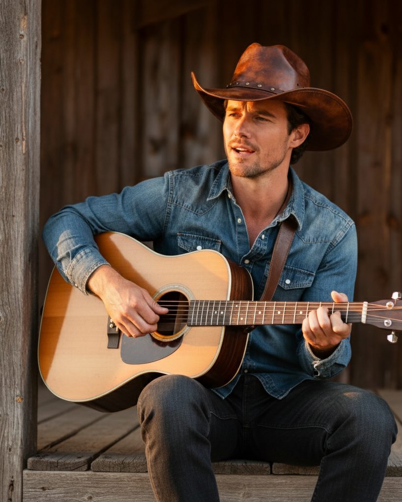 Cody Hawthorne playing an acoustic guitar in a wooden barn